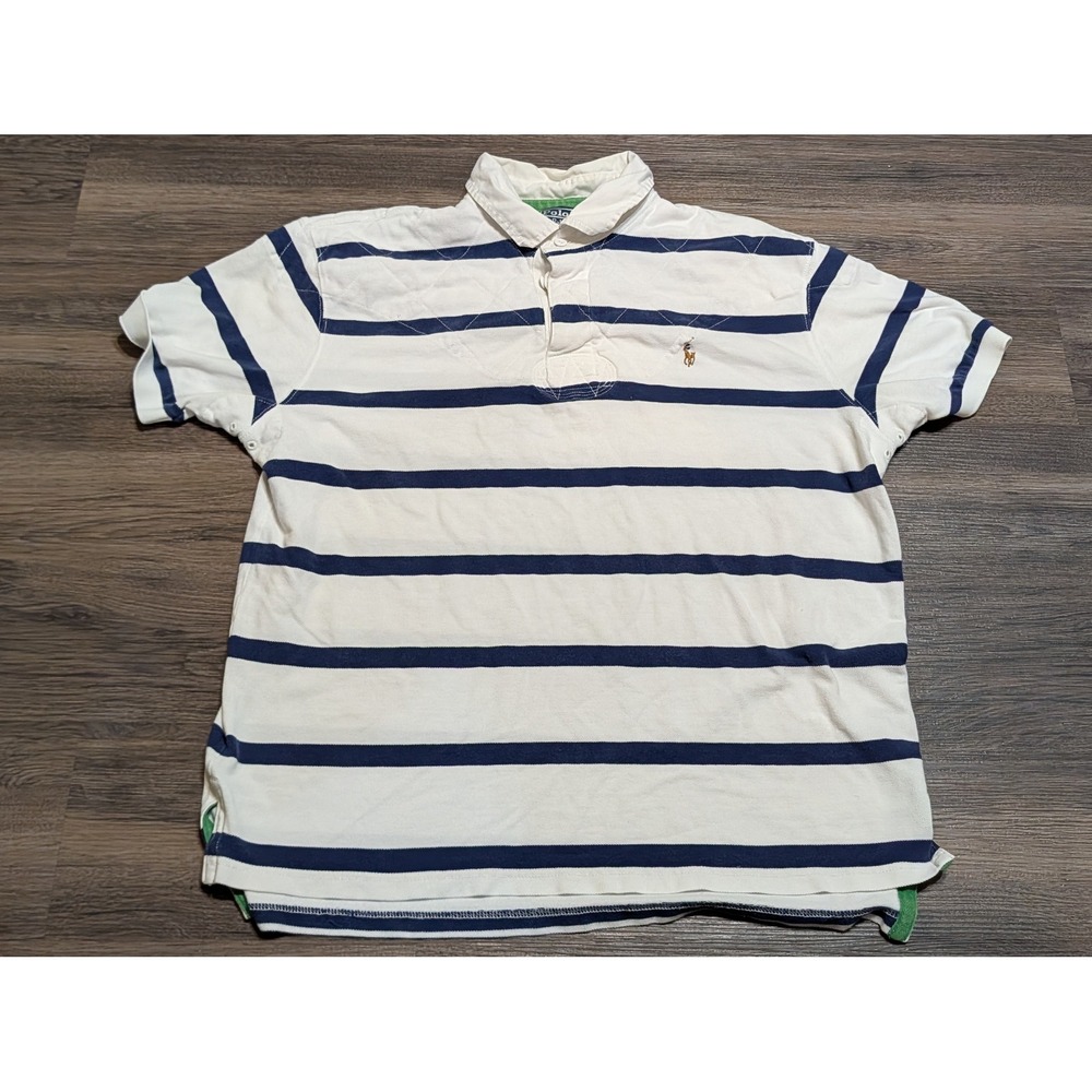 Polo Ralph Lauren Mens XL White Navy Striped Rugby Polo Shirt Quilted Shoulder